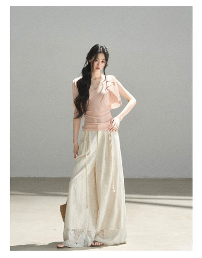 "A Love Letter to Sunlight" Dutch Cream Lace Wide-Leg Pants (With Matching Waist Rope)