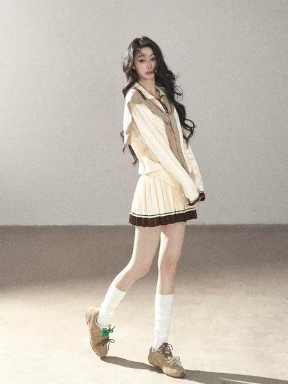 AOMALM - Dutch Cheese Knit Top & Pleated Mini Skirt Set with Khaki Shawl