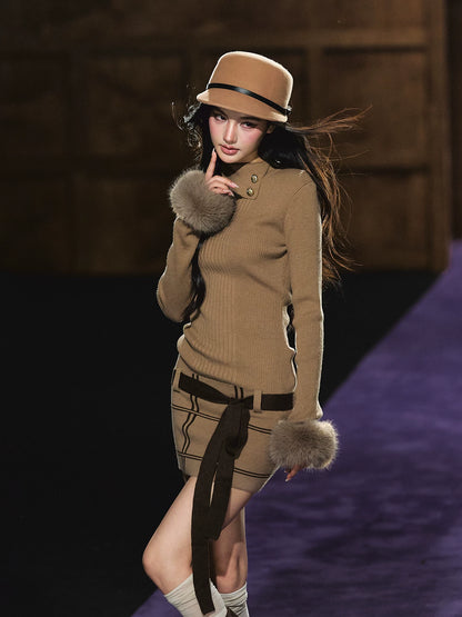 "Winter Whisper" Light Khaki Mock Neck Knit Mini Dress