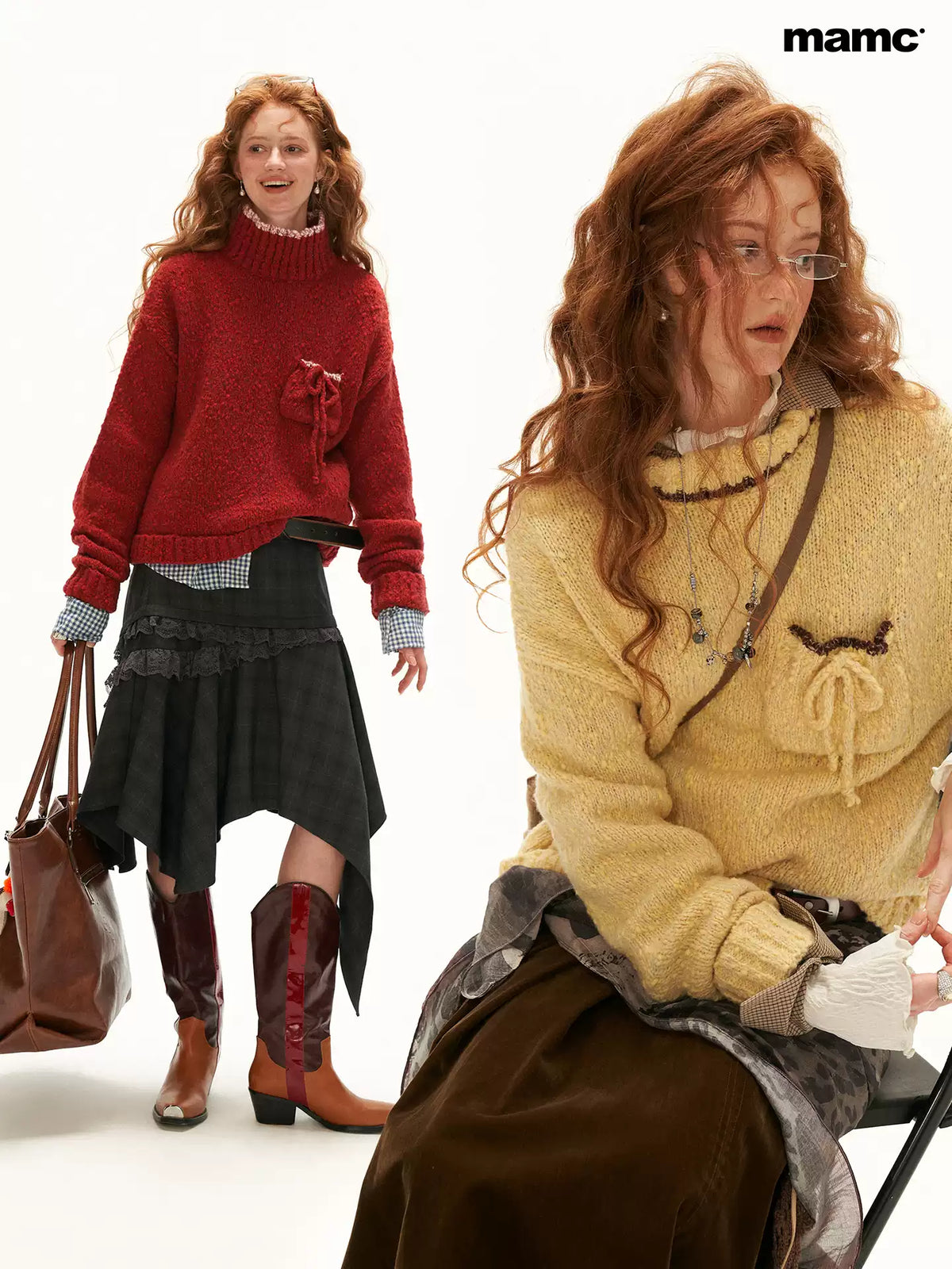 MAMC - Y2K Wool-Blend Mock Neck Pocket Sweater (Red / Yellow)