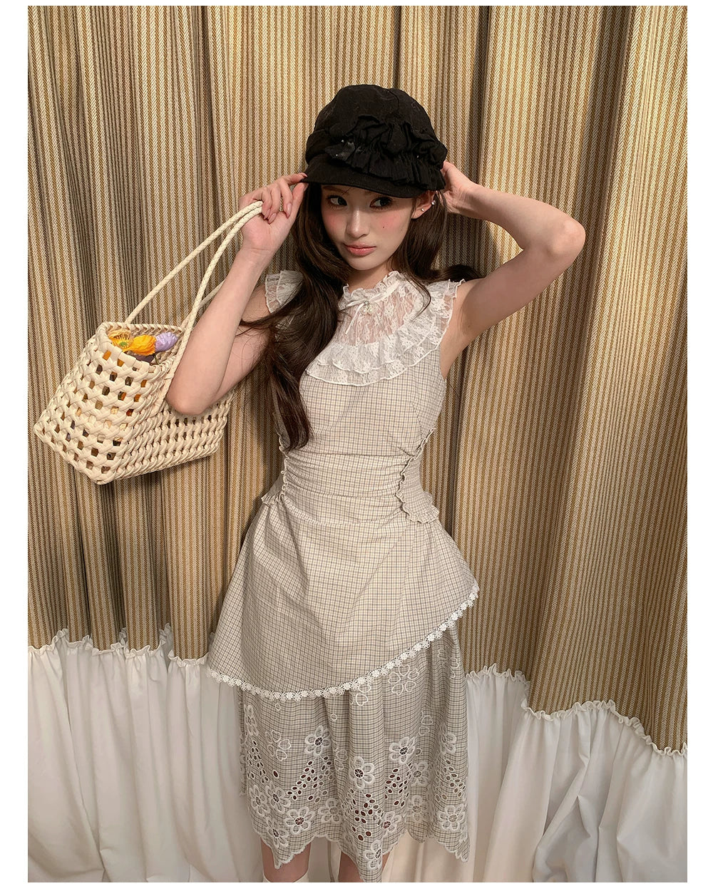 “Tea Garden Reverie” Light Apricot Plaid Embroidered Dress