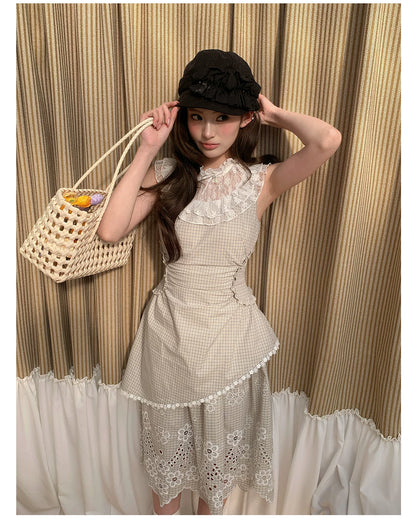 “Tea Garden Reverie” Light Apricot Plaid Embroidered Dress