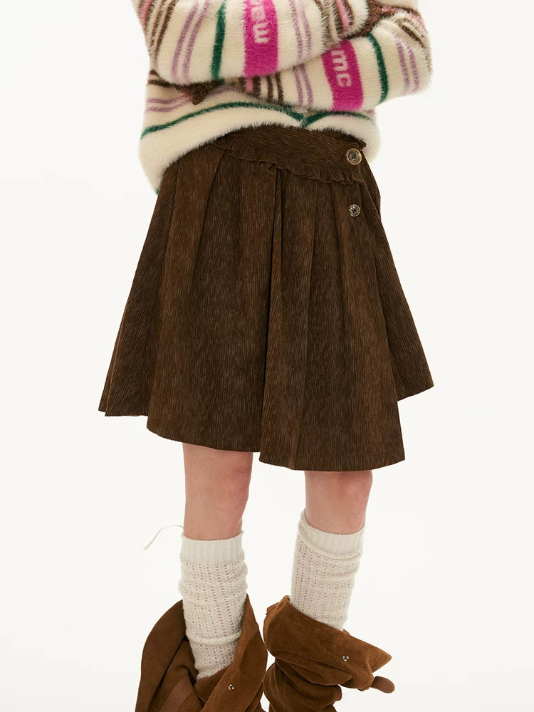MAMC - Brown Asymmetric Waist Pleated Mini Skirt