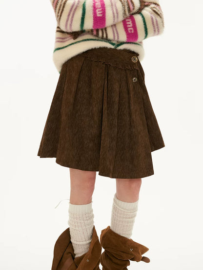 MAMC - Brown Asymmetric Waist Pleated Mini Skirt