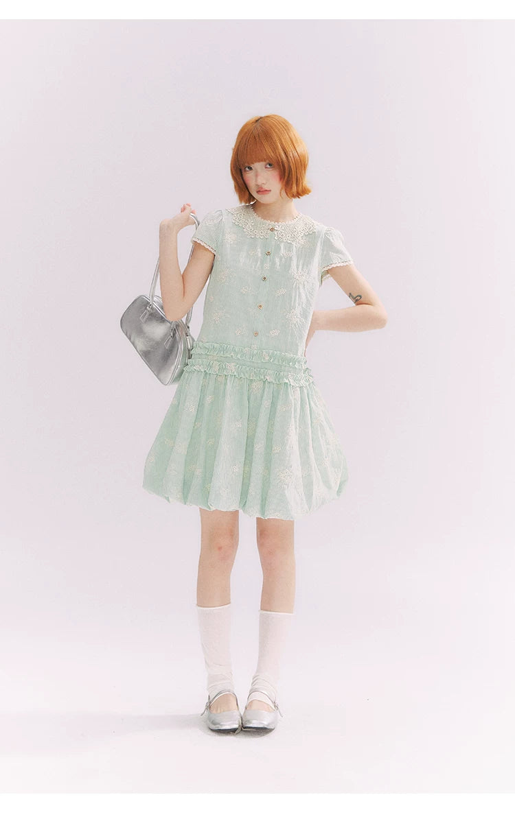 “Mint Lime” Green Stripe Lace Babydoll Dress