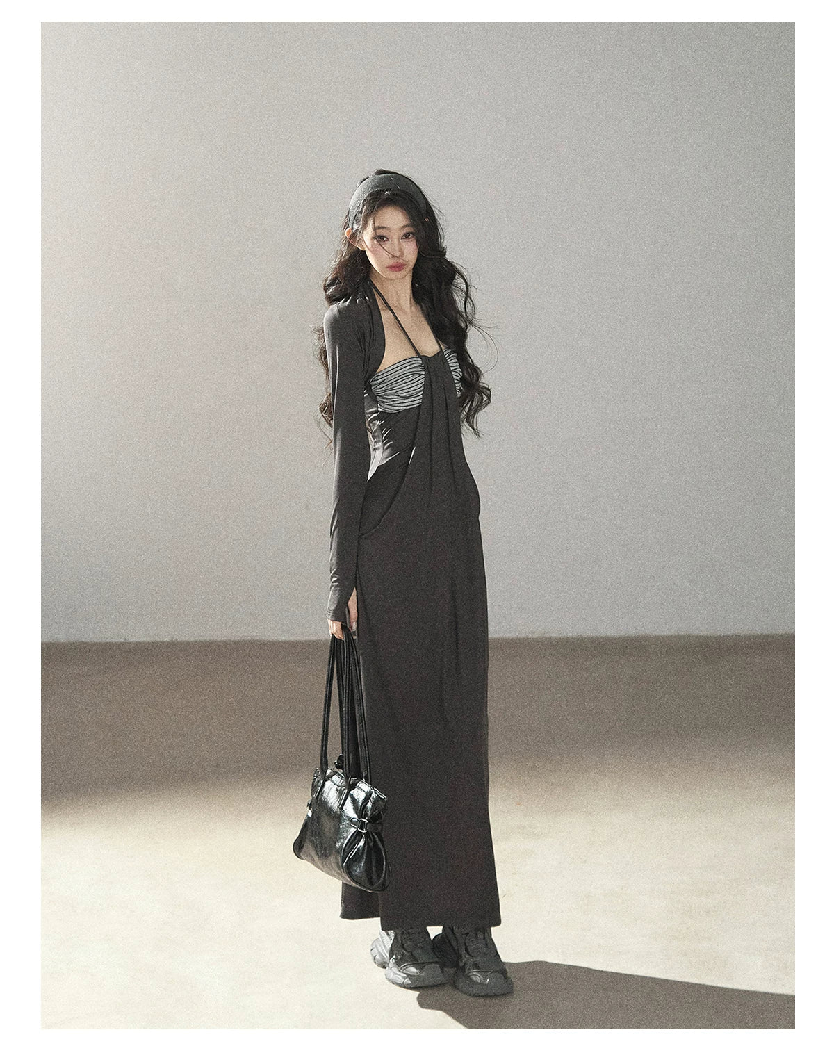 AOMALM - "Twilight River Cove" Cloud Mist Gray Striped Knit Shoulder Wrap Dress Set