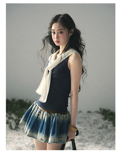 “Sea Breeze & Wheat Fields” Academy Blue Sailor Collar Top