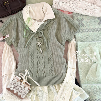 KYOUKO - Leaf Green Knit Top, White Ribbed Tee & Denim Blue Polka-Dot Skirt Set
