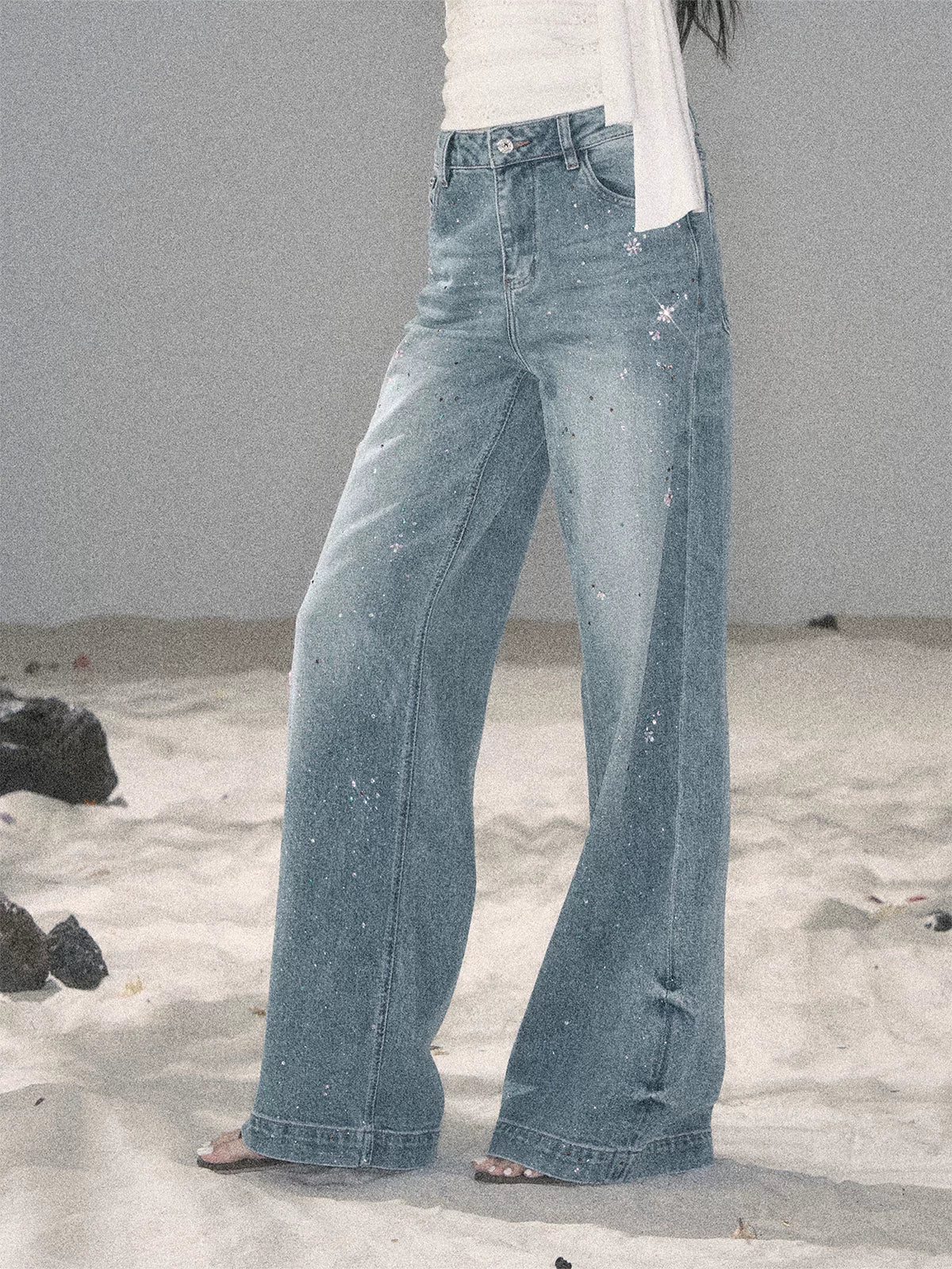 "Starlit River Shimmer" Distant Sky Blue Rhinestone Wide-Leg Jeans 65633
