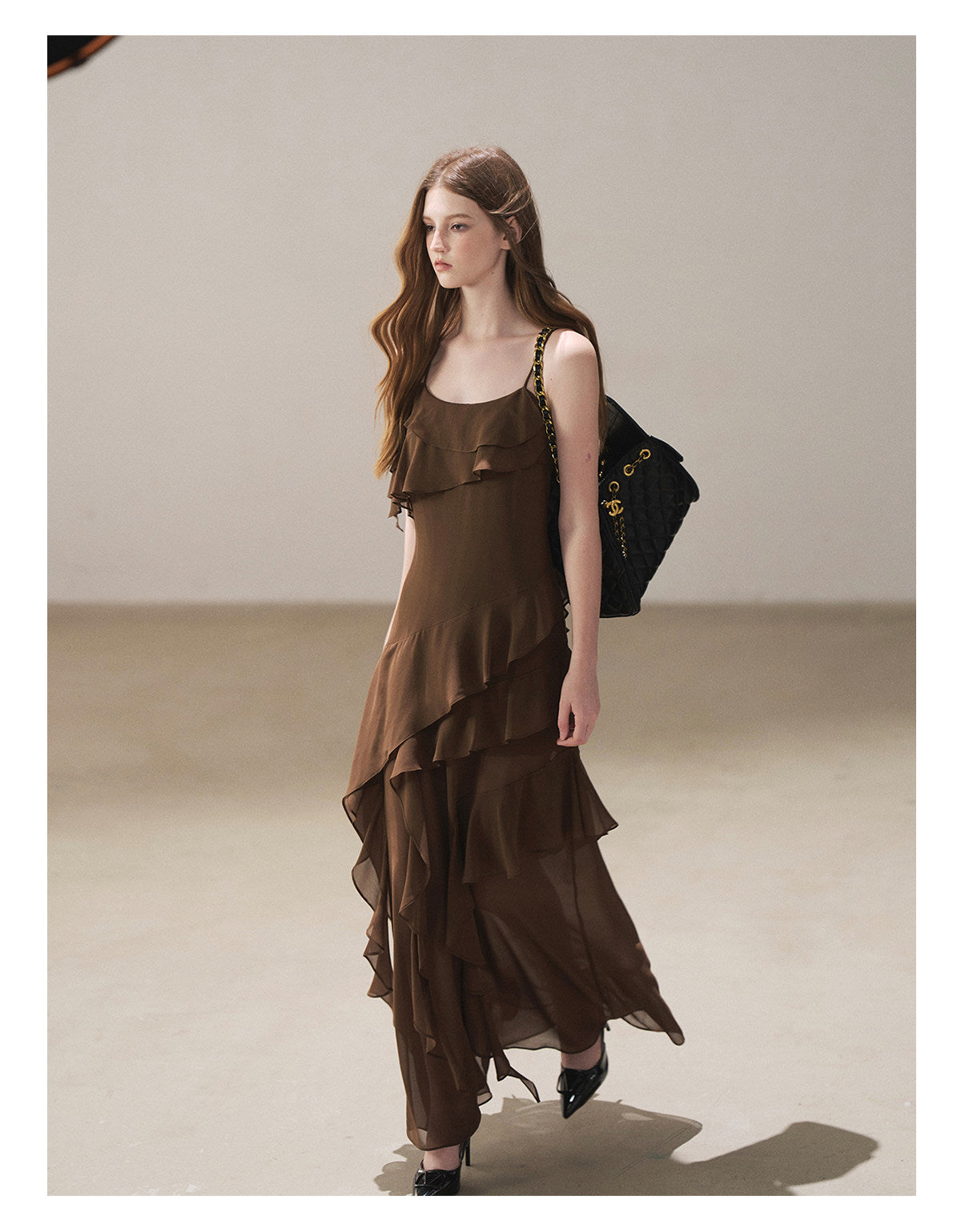 170726 "Whispers Beneath the Brown Skirt" Mocha Mousse Ruffle Cami Mini Dress + Gray Taupe Tailored Blazer