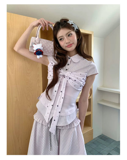 [RF] “Milk Taro Fizz” Soft Purple Striped Blouse & Bloom Skirt Set (Light Blue / Lavender)