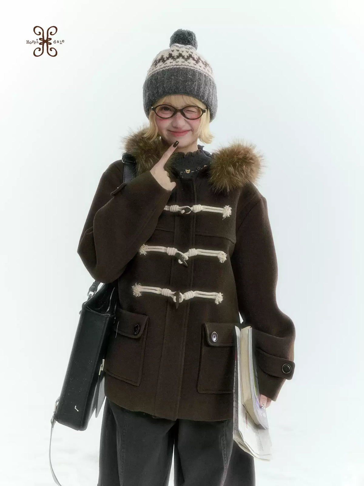 Horridale - Dark Coffee Brown Cropped Hooded Toggle Coat with Detachable Faux Fur Collar