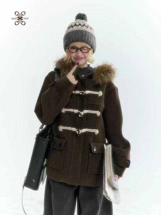 Horridale - Dark Coffee Brown Cropped Hooded Toggle Coat with Detachable Faux Fur Collar