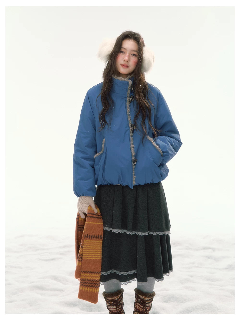 CANSTORE - "Cobalt Snowfall" Cobalt Blue Cropped Toggle Coat with Plush Trim