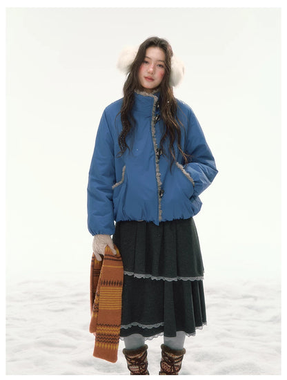 CANSTORE - "Cobalt Snowfall" Cobalt Blue Cropped Toggle Coat with Plush Trim