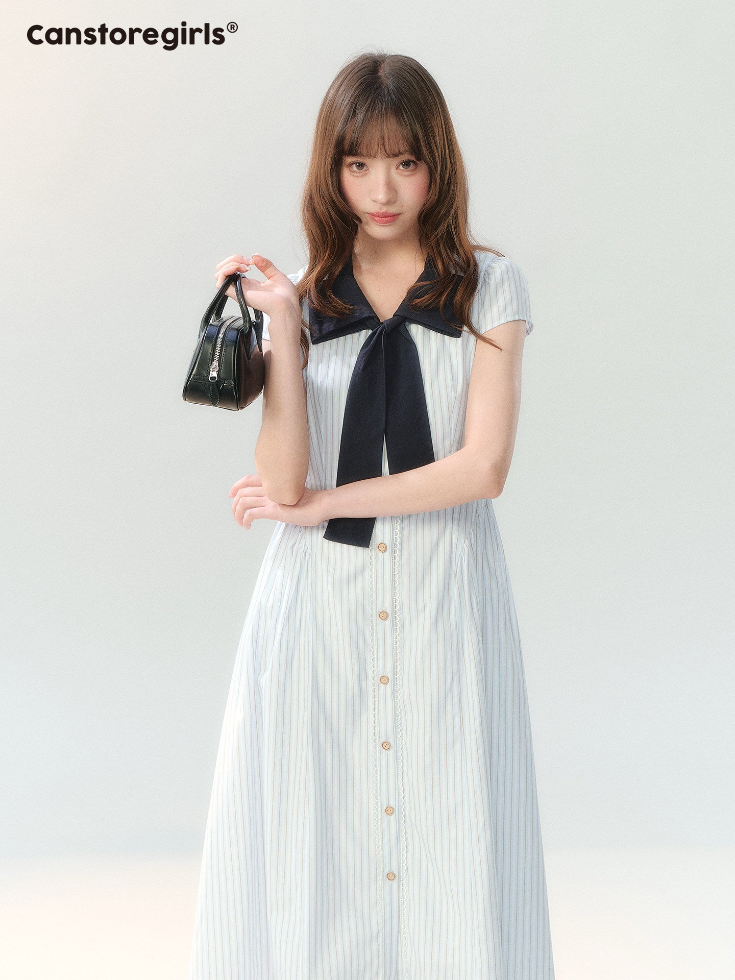 "Academy Breeze Letter" White Stripe Contrast Collar Dress