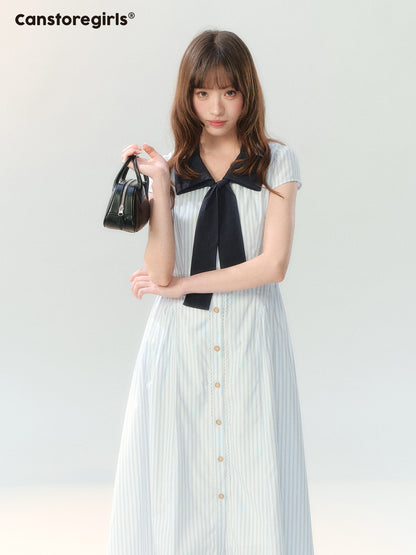"Academy Breeze Letter" White Stripe Contrast Collar Dress