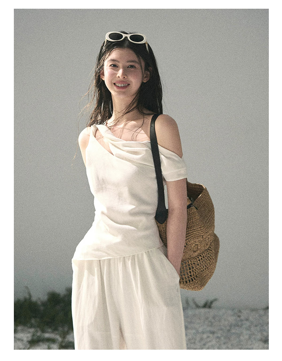 “Cloud Threads Falling at the Shoulder” Ivory Linen-Blend Two-Piece Set