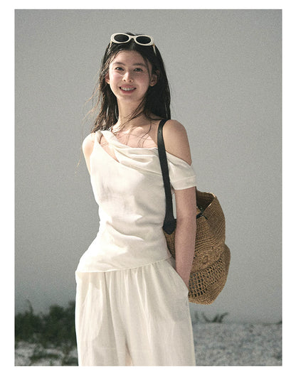 “Cloud Threads Falling at the Shoulder” Ivory Linen-Blend Two-Piece Set