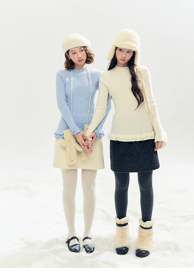 "Soft Whisper" Ruffle Mock Neck Ribbed Knit Top (Ivory/ Smoky Gray)