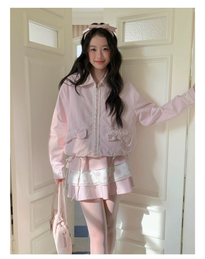 [RF] “Blush Meadow” White & Pink Floral Reversible Jacket and Mini Skirt Set
