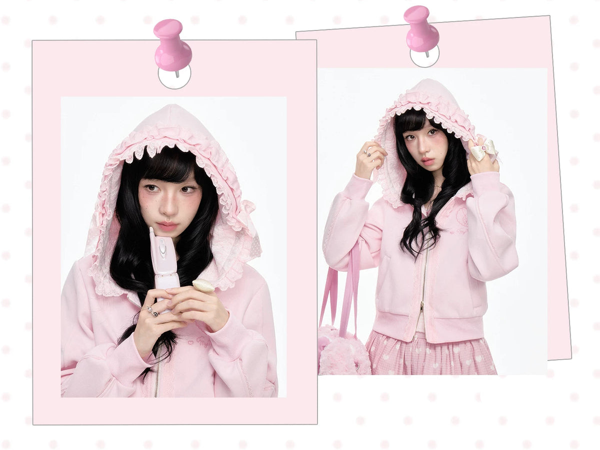 “Ribbon Daydream” Pink Cropped Zip-Up Hoodie