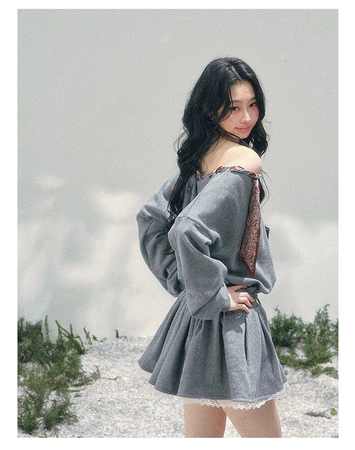 “The Wind Blushes” Lace Trim Off-Shoulder Sweatshirt Dress