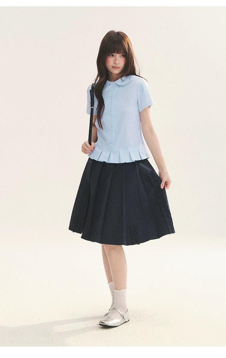 "Citrus Sea Salt" Stripe Lace Peter Pan Collar Pleated Shirt (White Blue / Blue White)