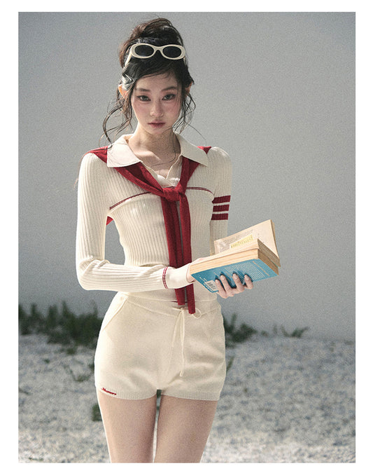 “Delhi Academy” Ivory Polo Knit Set with Angora Red Scarf