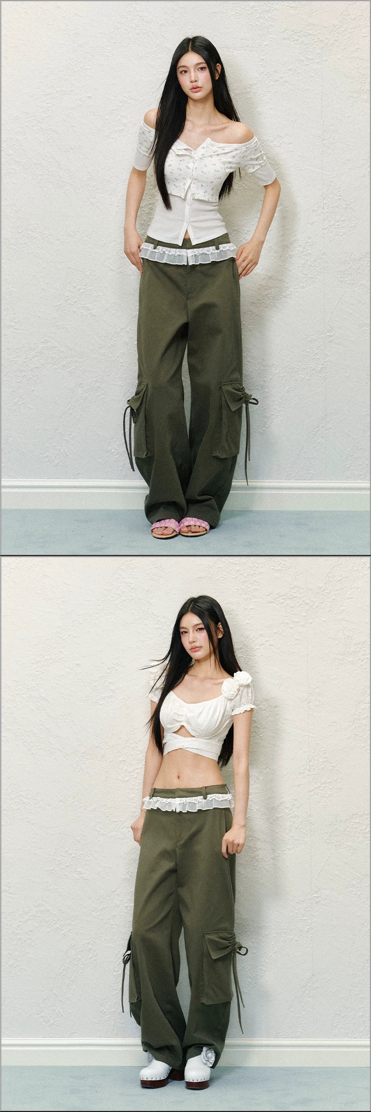 "Field Notes" Contrast Pocket Drawstring Cargo Pants (Army Green/ Grape Purple)