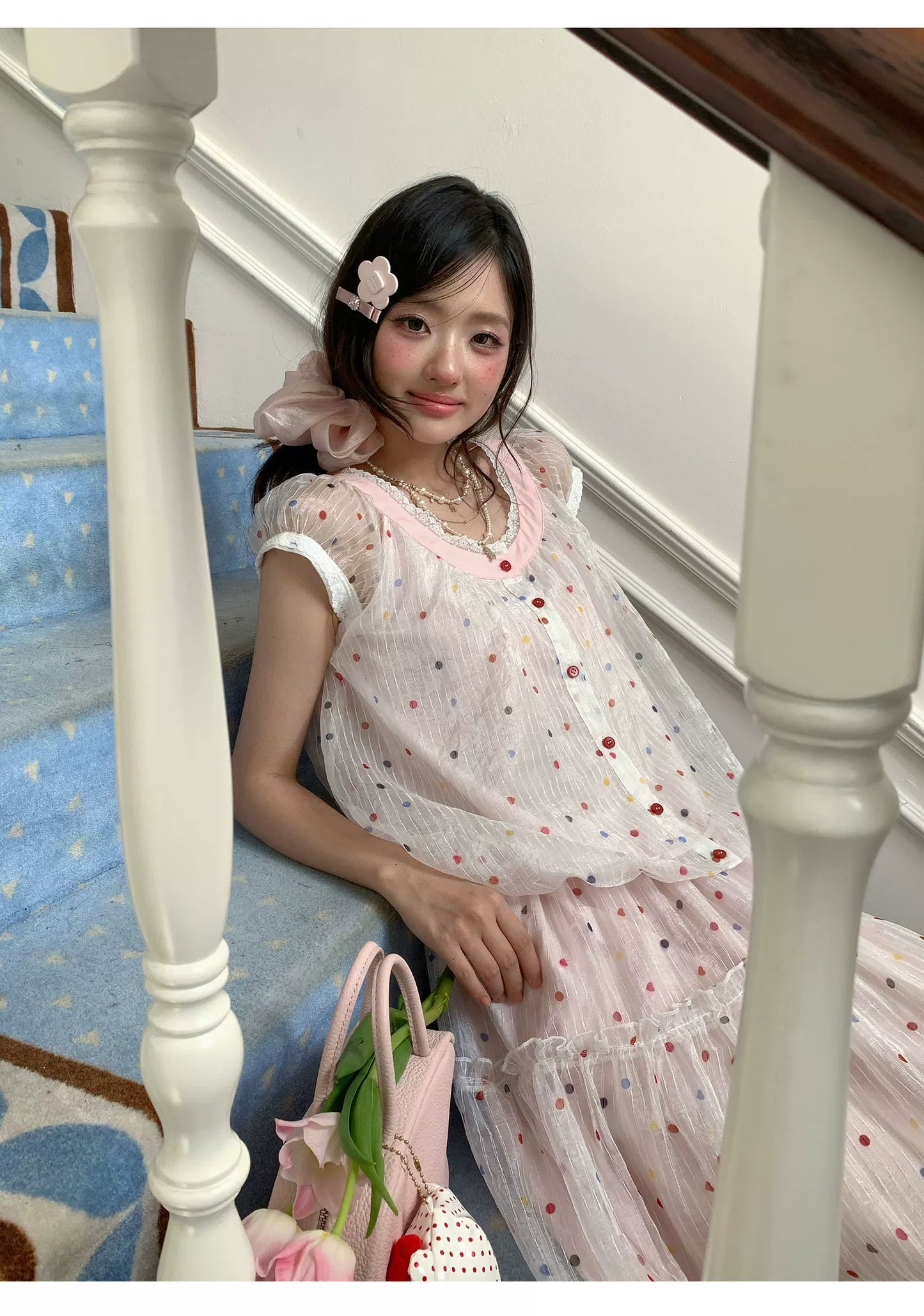 “Strawberry Boba Daydream” Pink Polka Dot Bubble Skirt Set