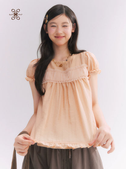 “Orange Soda” Seashell Orange Mesh Panel Puff Sleeve Top