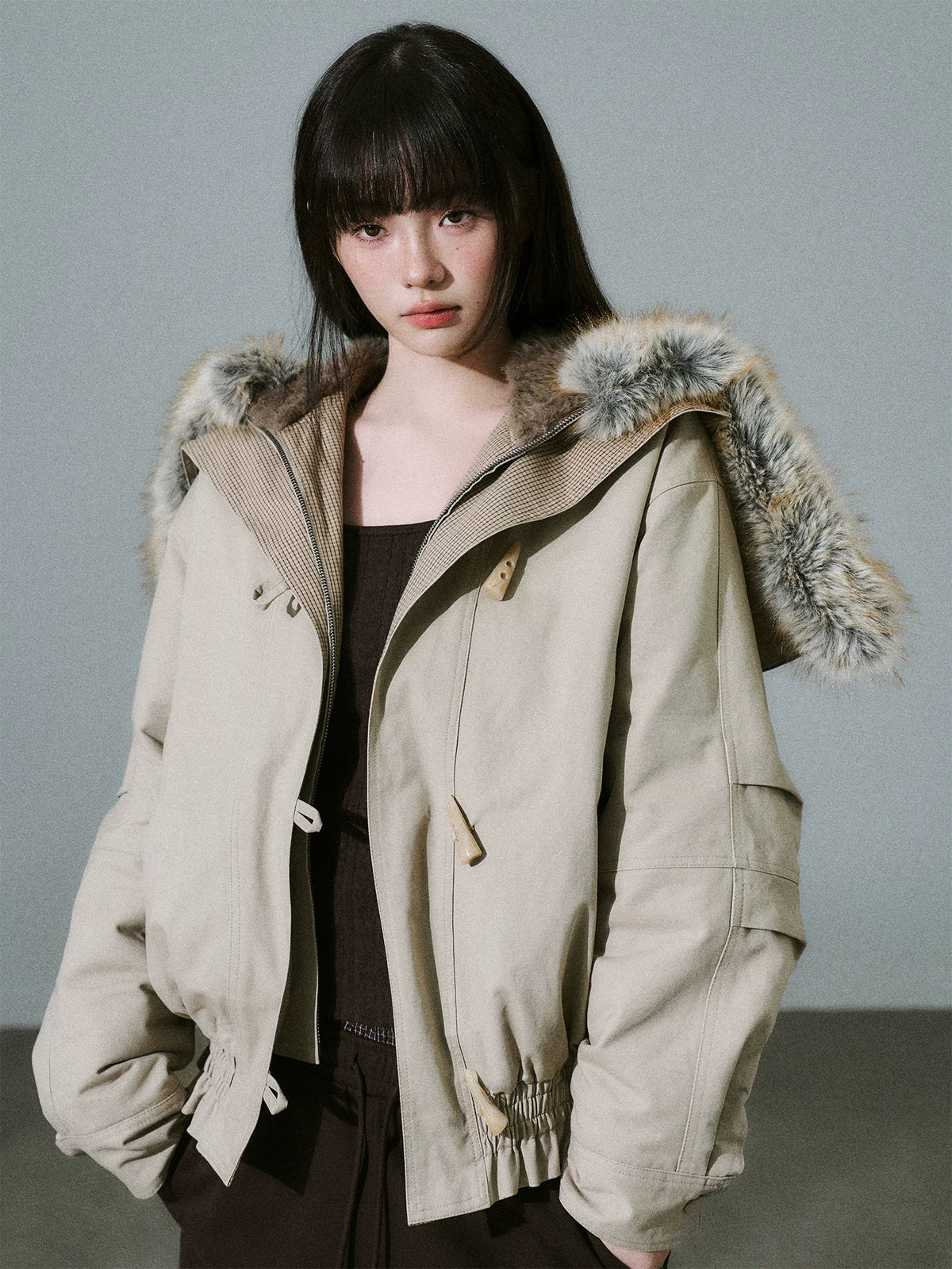 LOST FOREST - Milk Tea Plaid-Panel Cotton Utility Jacket with Detachable Faux-Fur Collar