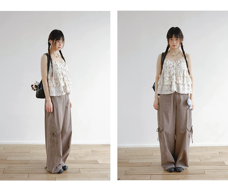"Among the Blossoms" Soft Gray Floral Cotton Ruffle Cami Top