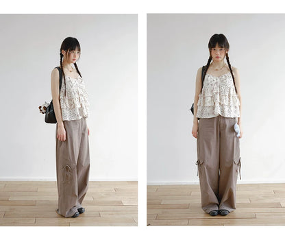 "Among the Blossoms" Soft Gray Floral Cotton Ruffle Cami Top