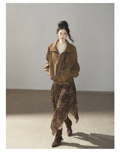 AOMALM - “Acorn & Fallen Leaves” Korean Leopard Print Chestnut Brown Faux Suede Jacket