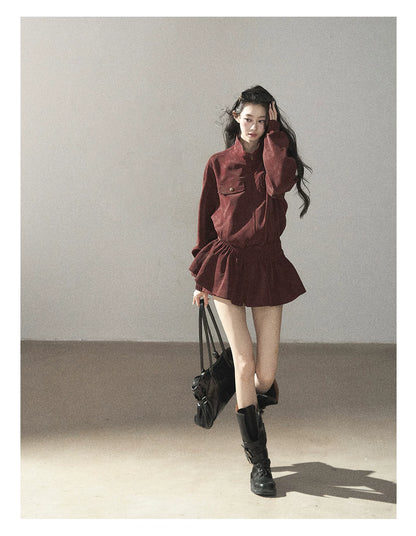 AOMALM - Burgundy PU Suede Jacket & A-Line Shorts Set