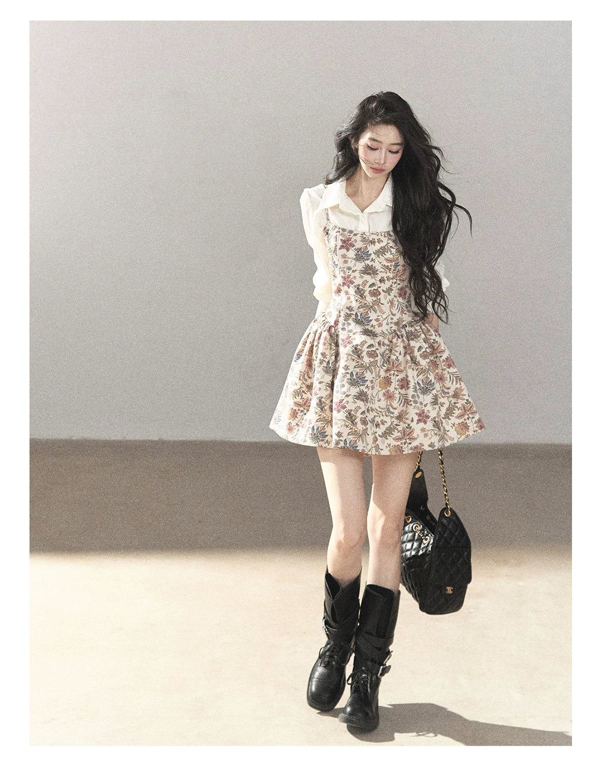 AOMALM - Dutch Cheese Floral Mini Dress & Creamy White Blouse Set