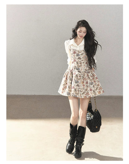 AOMALM - Dutch Cheese Floral Mini Dress & Creamy White Blouse Set