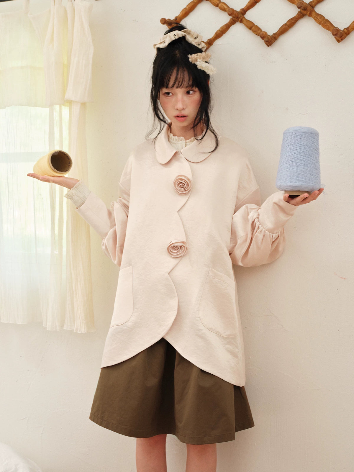 DAILY ARTIST - Soft Pink Pearl Satin Rose Bubble Sleeve Jacket
