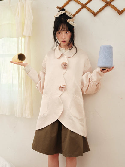 DAILY ARTIST - Soft Pink Pearl Satin Rose Bubble Sleeve Jacket