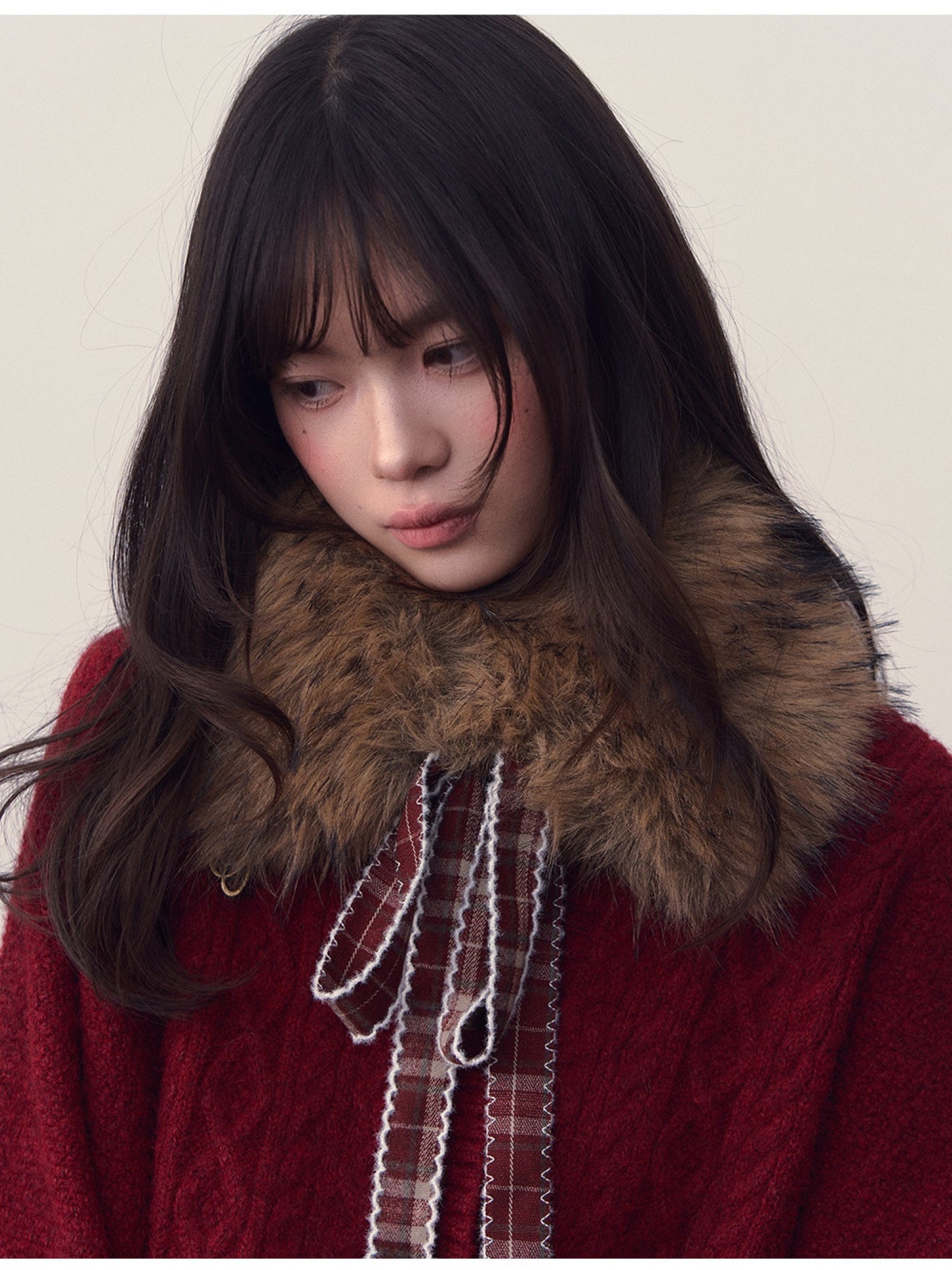 Soote Season - "Vintage Holiday Bow" Burgundy Batwing Faux-Fur Collar Cable-Knit Cardigan