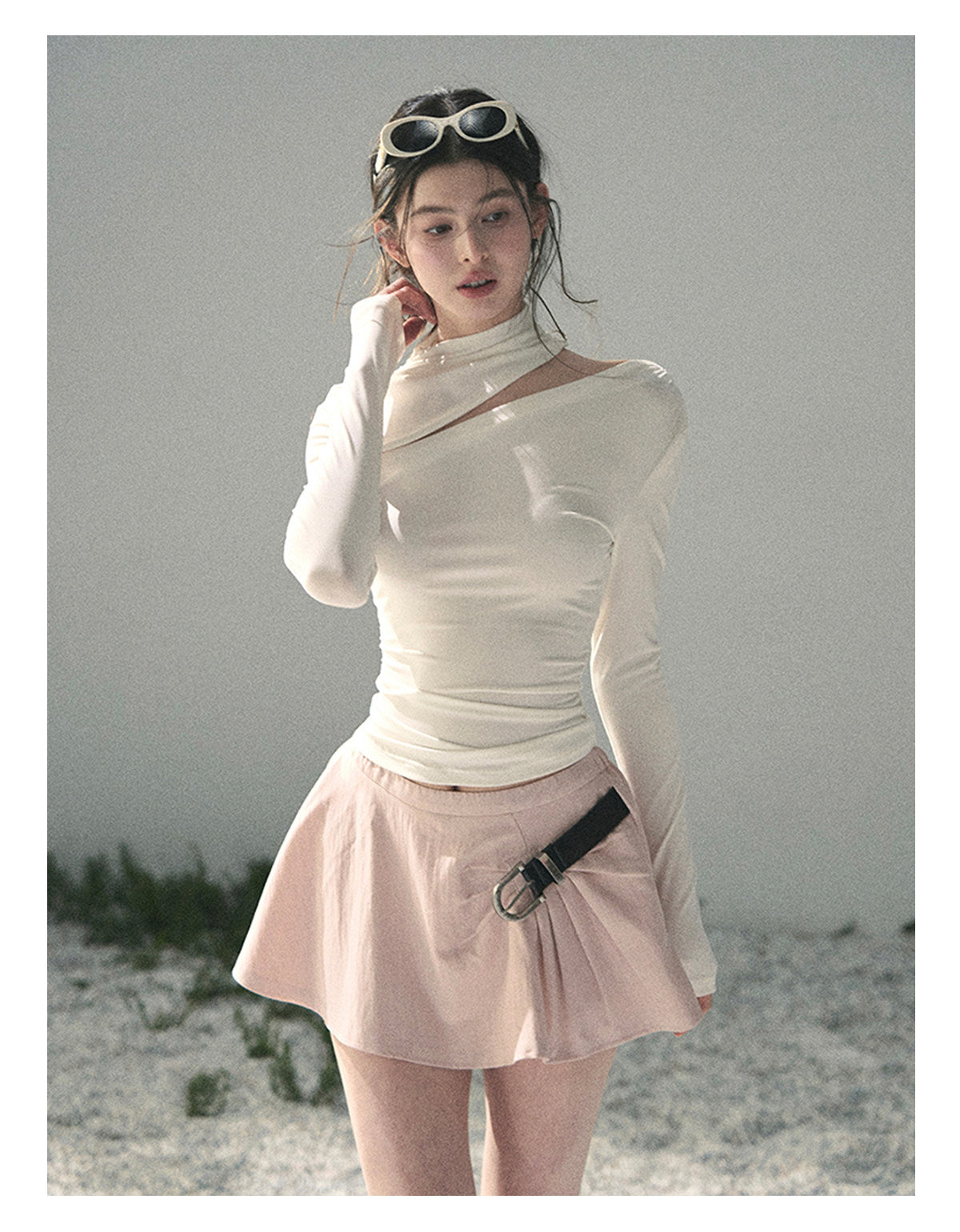 “Tidal Breath” Pearl White Draped Cutout Top