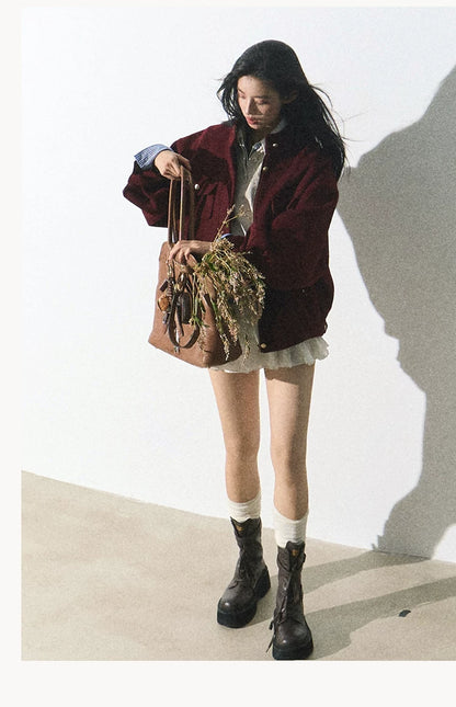 OAKMOO/ "Plum Blossom Mood" Angora Red Wool-Blend Harrington Jacket