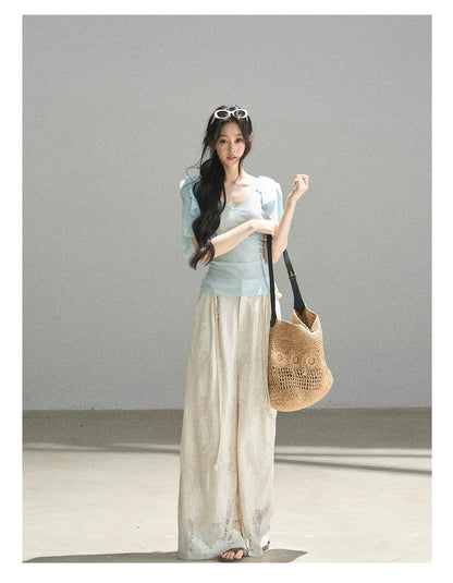 "Where Clouds Fall" Ruffle Sleeve V-Neck Crop Top (Forest Green/ Sage Gray/ Misty Blue/ Cinnamon Pink)