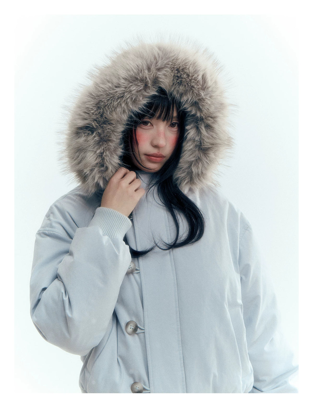 Horridale - Mist Blue Hooded Down Jacket with Detachable Faux Fur Collar