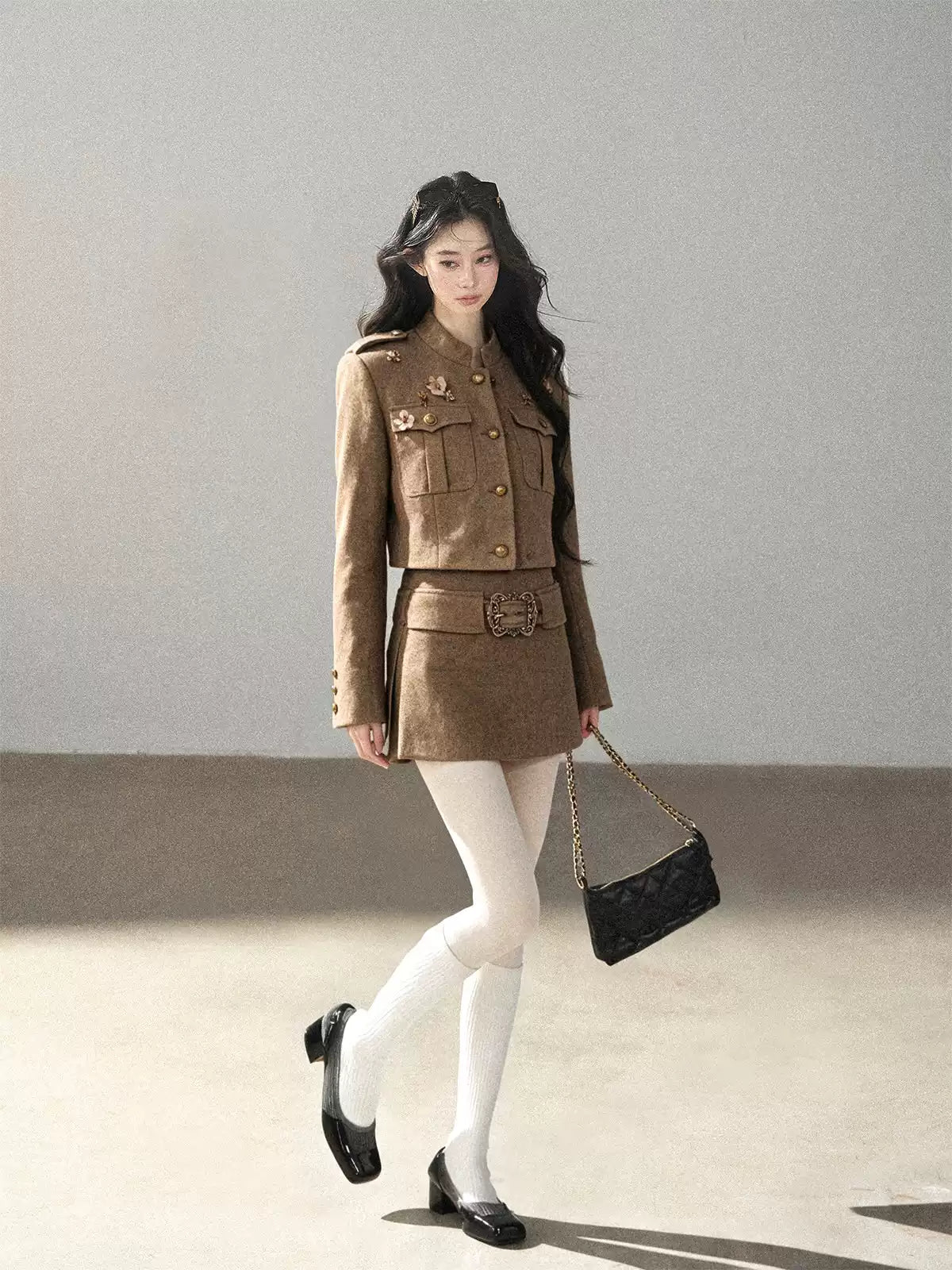 AOMALM - Slate Brown Blazer, Top & Mini Skirt Set with Belt
