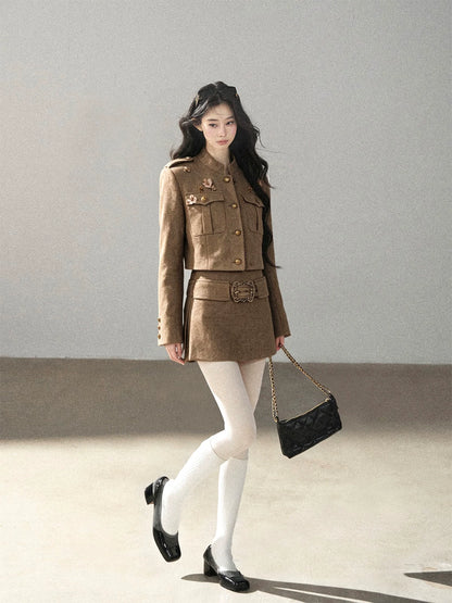 AOMALM - Slate Brown Blazer, Top & Mini Skirt Set with Belt