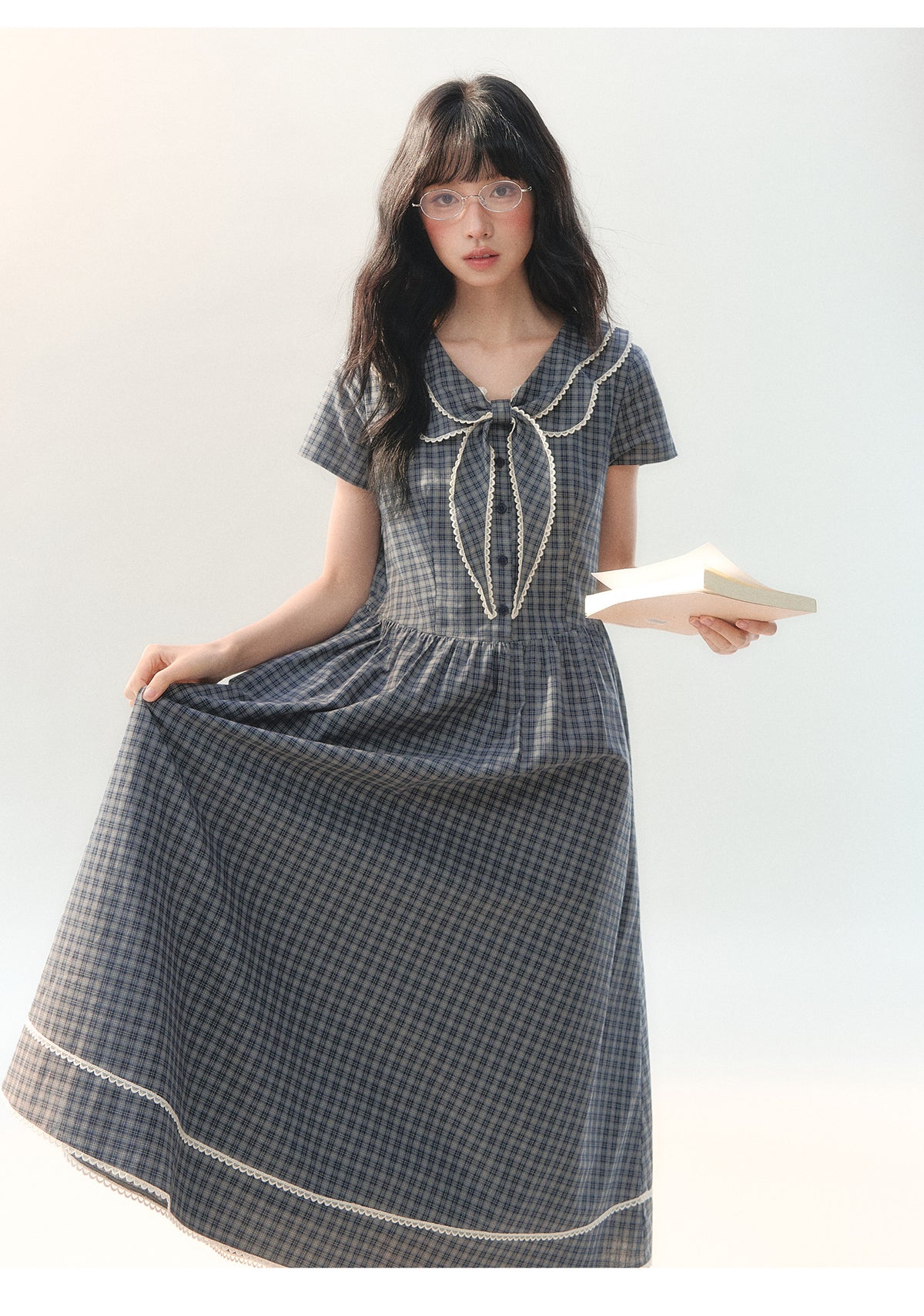 [CAN] "Firwood Plaid Tale" Blue Gray Plaid Lace Doll Collar Dress