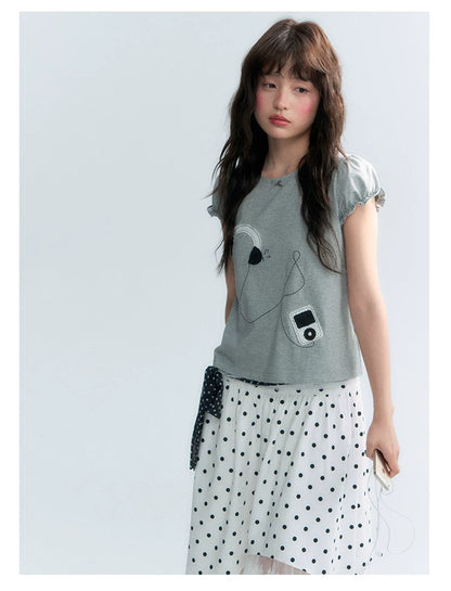 "Walkman Days" Retro Appliqué Puff Sleeve Tee
